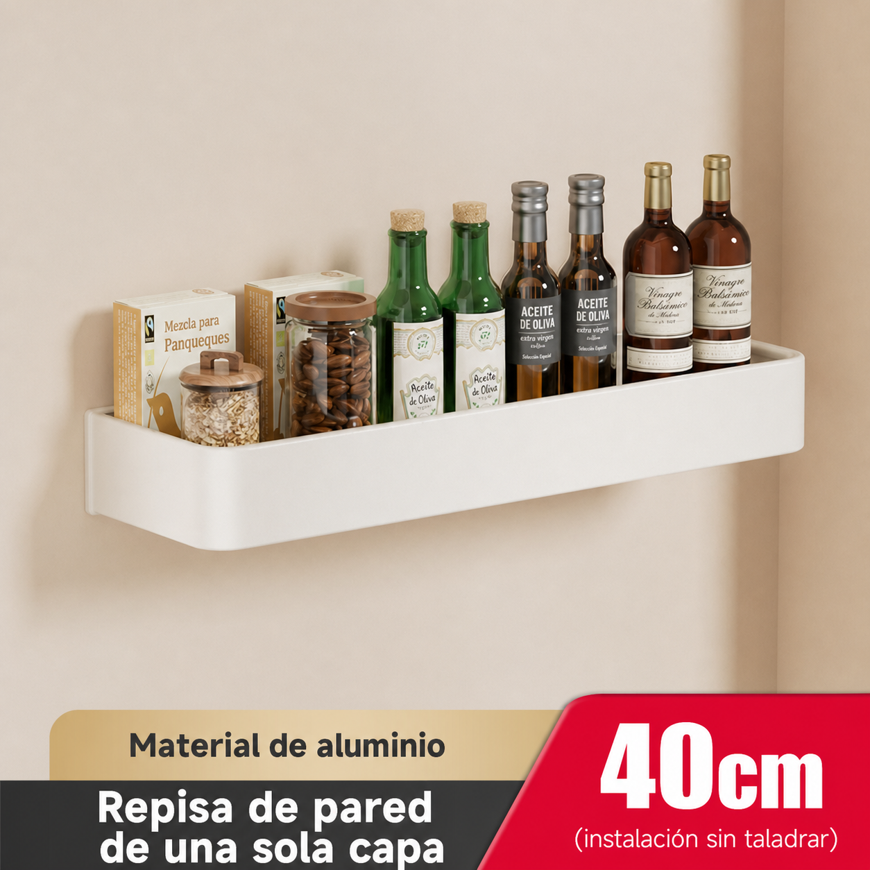 Repisa de cocina de aluminio sin taladrar, montaje en pared