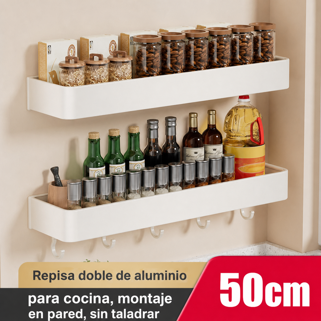 Repisa de cocina de aluminio sin taladrar, montaje en pared