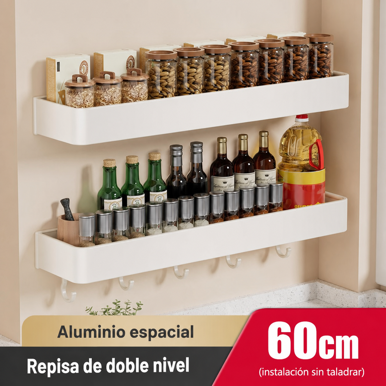 Repisa de cocina de aluminio sin taladrar, montaje en pared