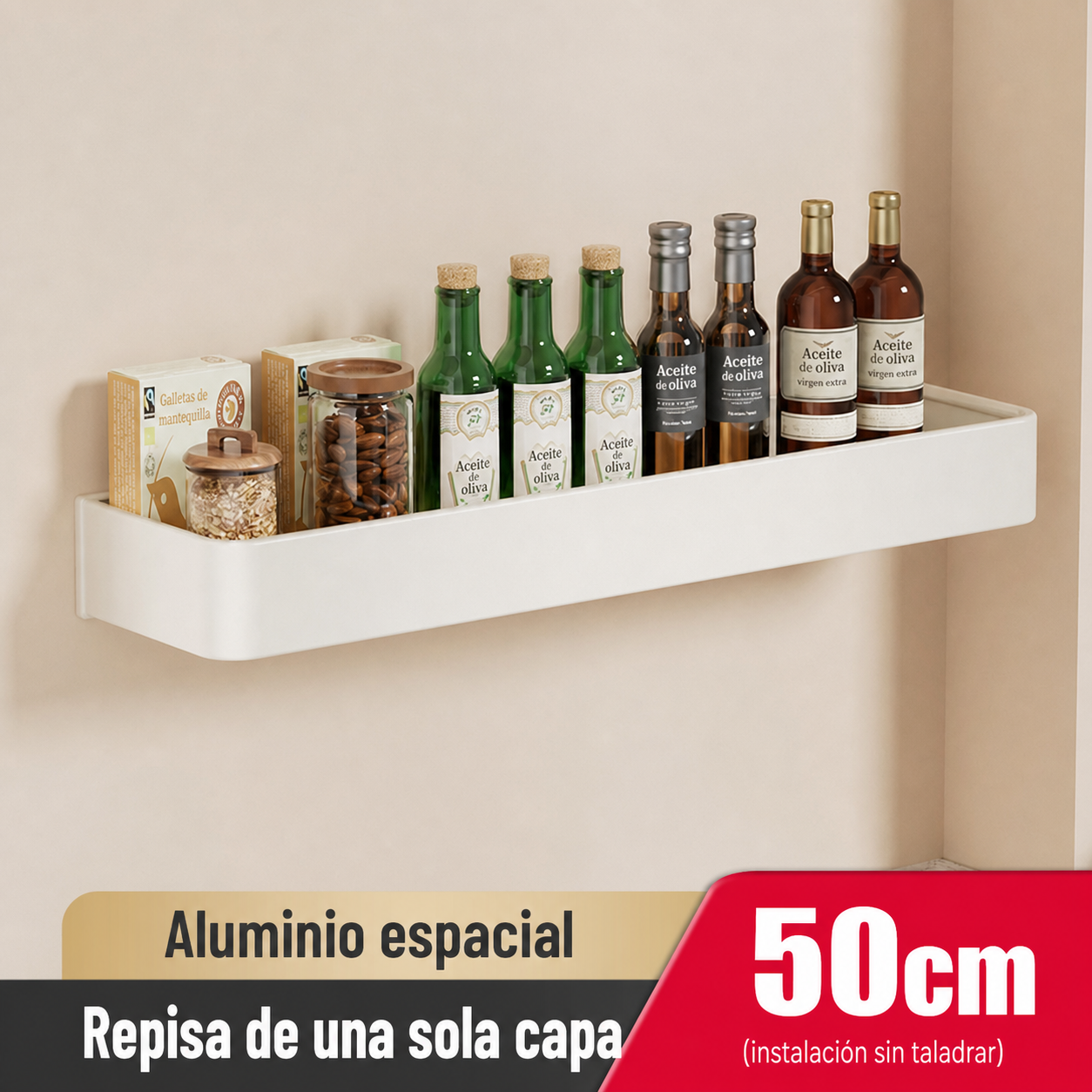 Repisa de cocina de aluminio sin taladrar, montaje en pared
