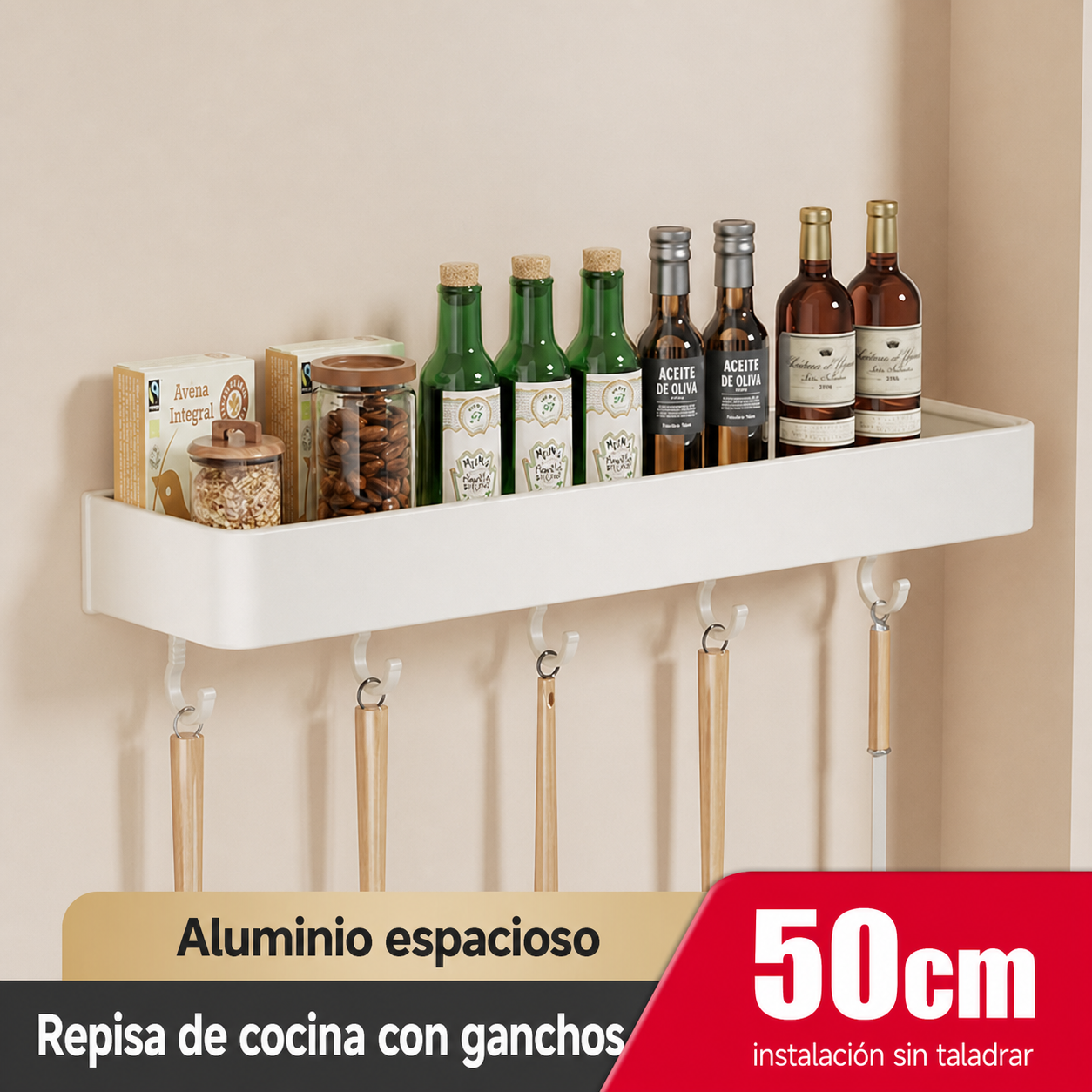 Repisa de cocina de aluminio sin taladrar, montaje en pared