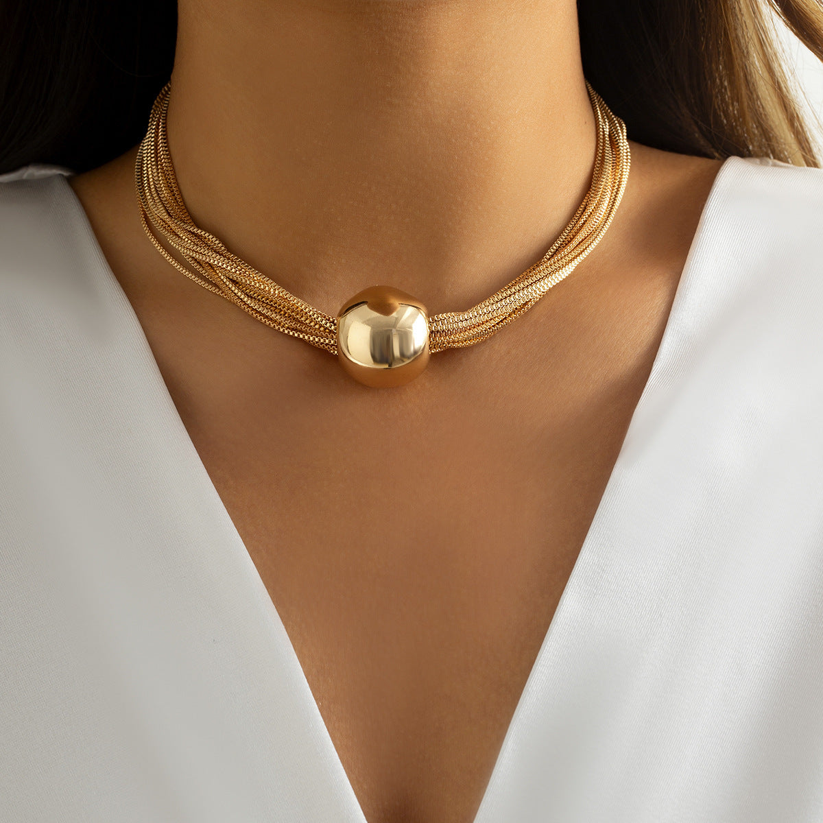 Collar multicapa con dije de bola estilo hip hop mujer - 1
