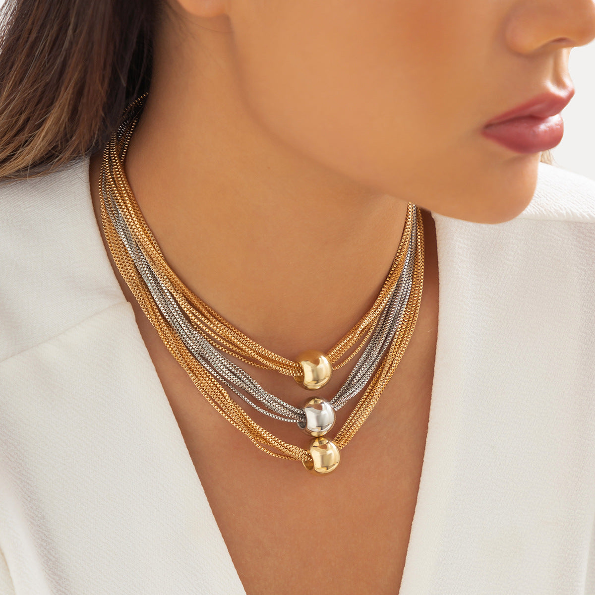 Collar multicapa con dije de bola estilo hip hop mujer - 2