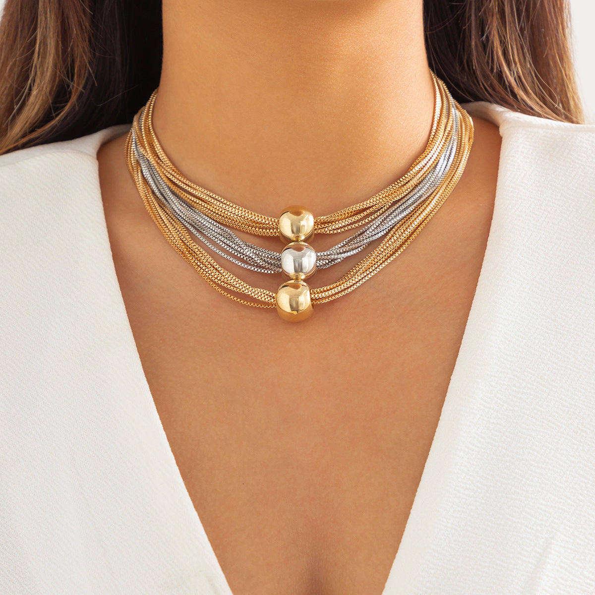 Collar multicapa con dije de bola estilo hip hop mujer - 7