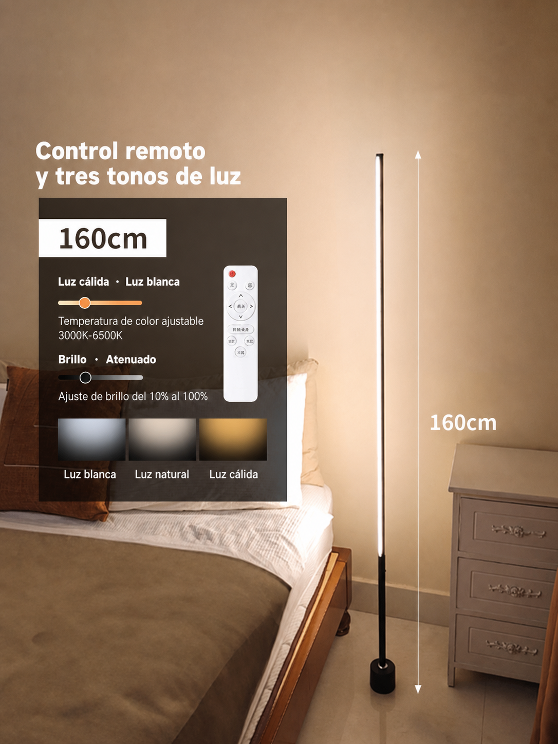 Lámpara de piso LED con control remoto y luz cálida
