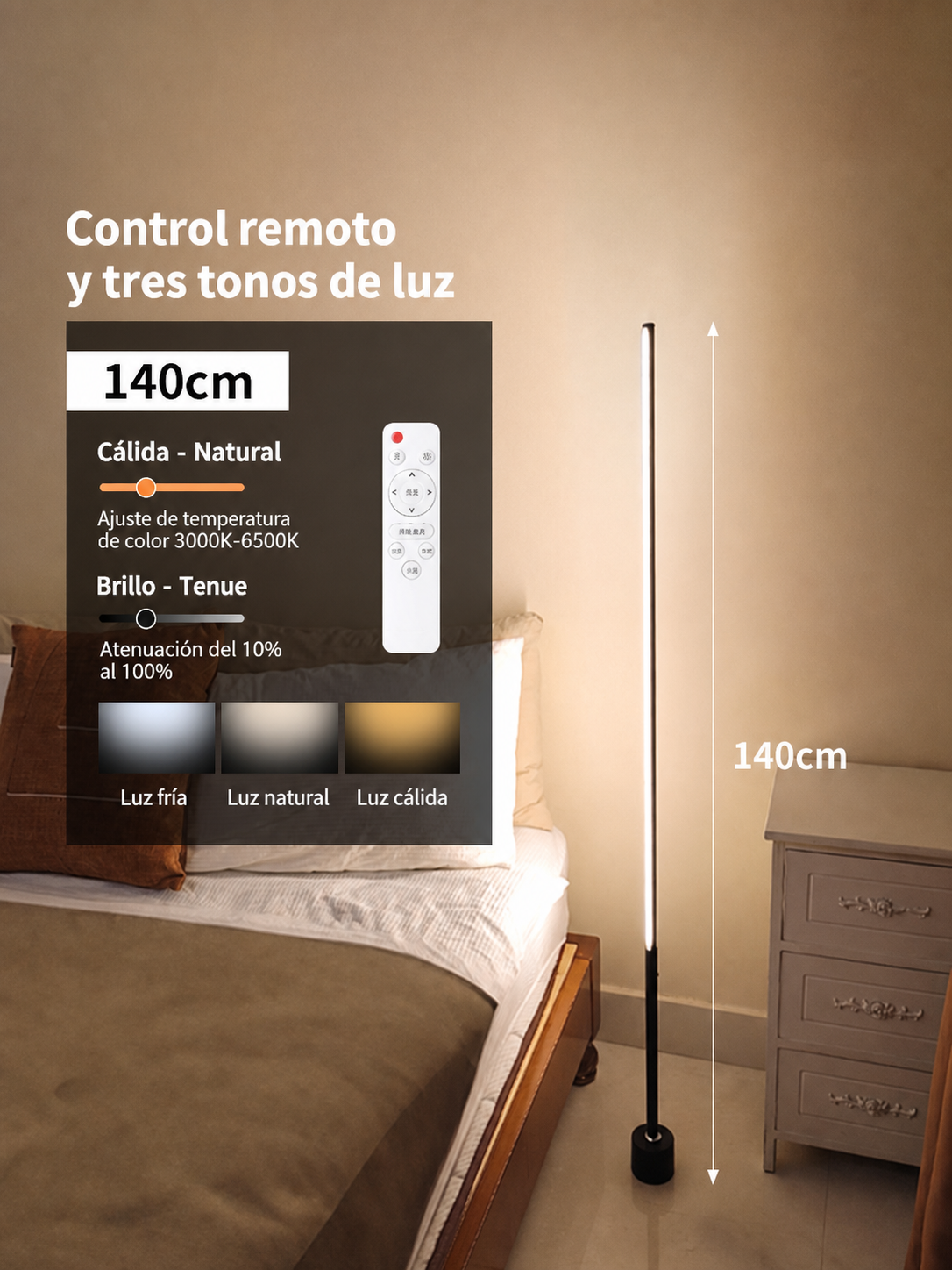 Lámpara de piso LED con control remoto y luz cálida