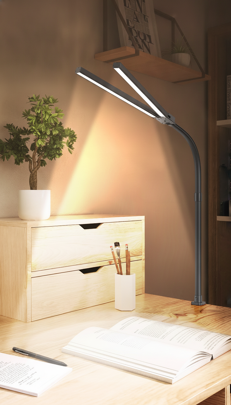 Lámpara LED de escritorio con brazo doble y pinza - 1