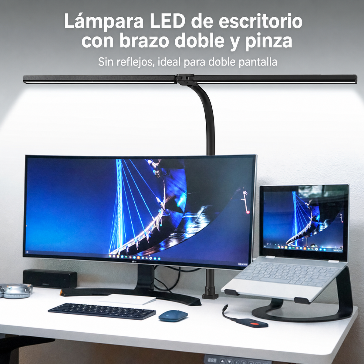 Lámpara LED de escritorio con brazo doble y pinza - 4