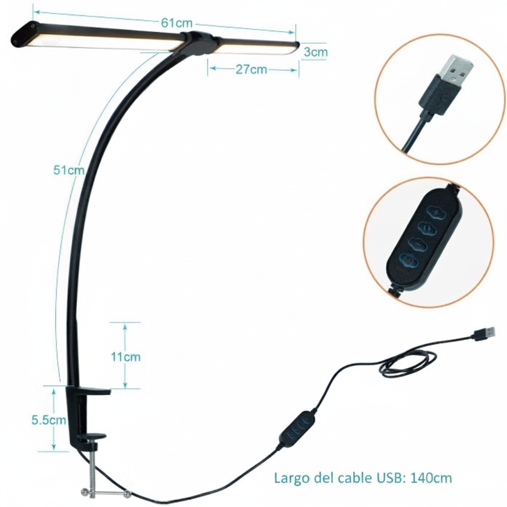 Lámpara LED de escritorio con brazo doble y pinza - 8