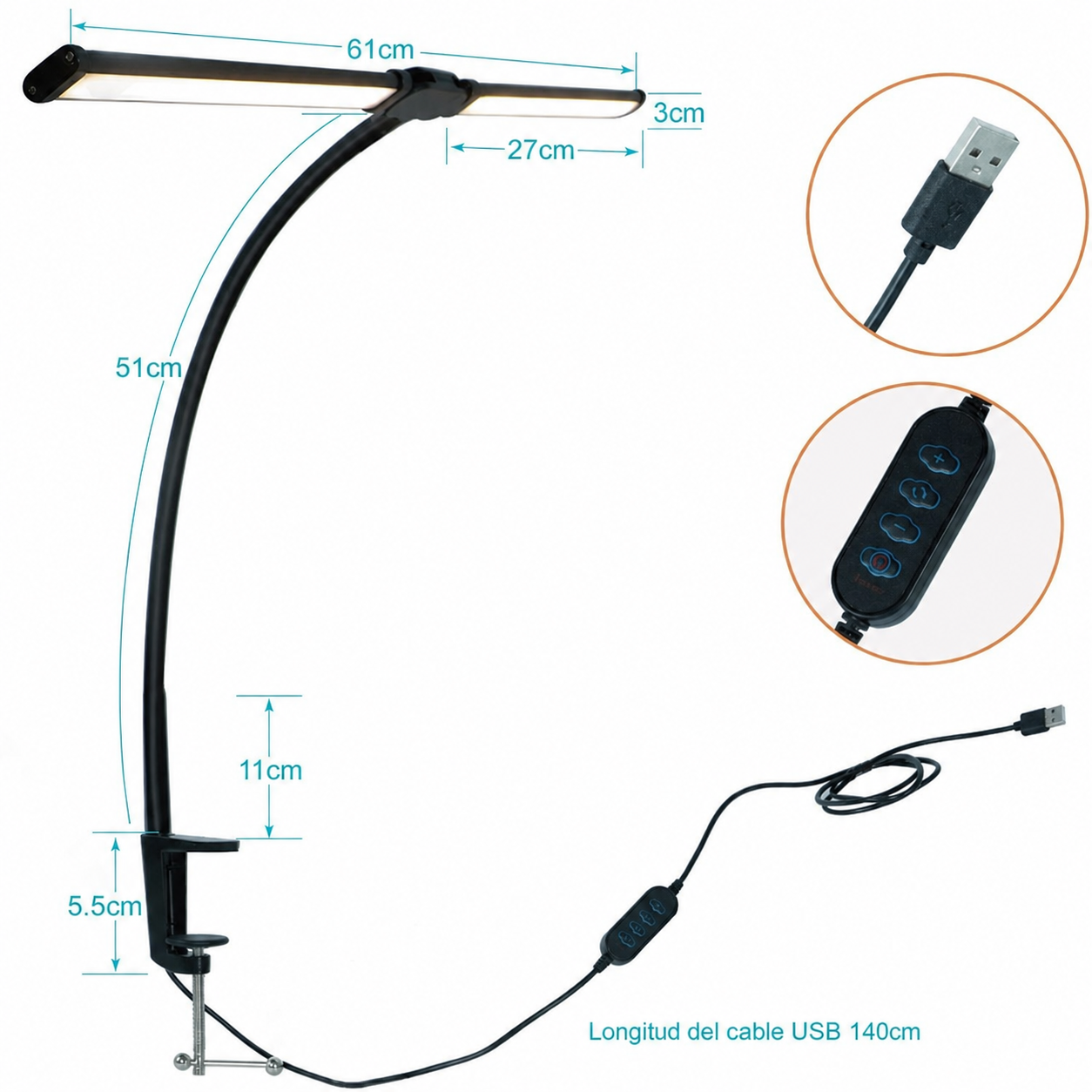 Lámpara LED de escritorio con brazo doble y pinza