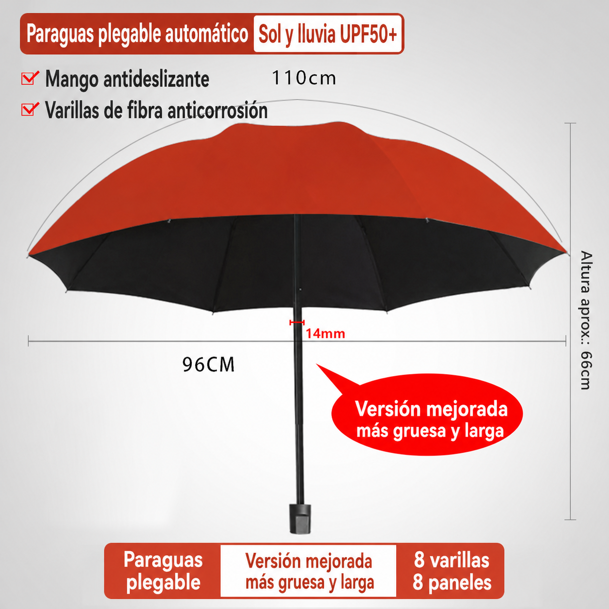 Paraguas Plegable Automático Sol y Lluvia UPF50+