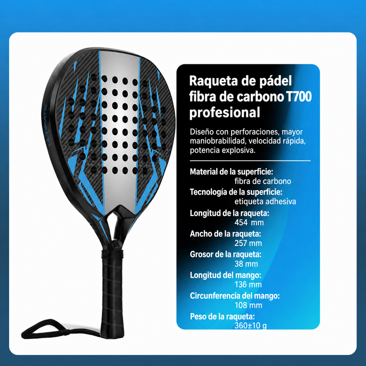 Raqueta de Pádel Fibra de Carbono T700 Profesional