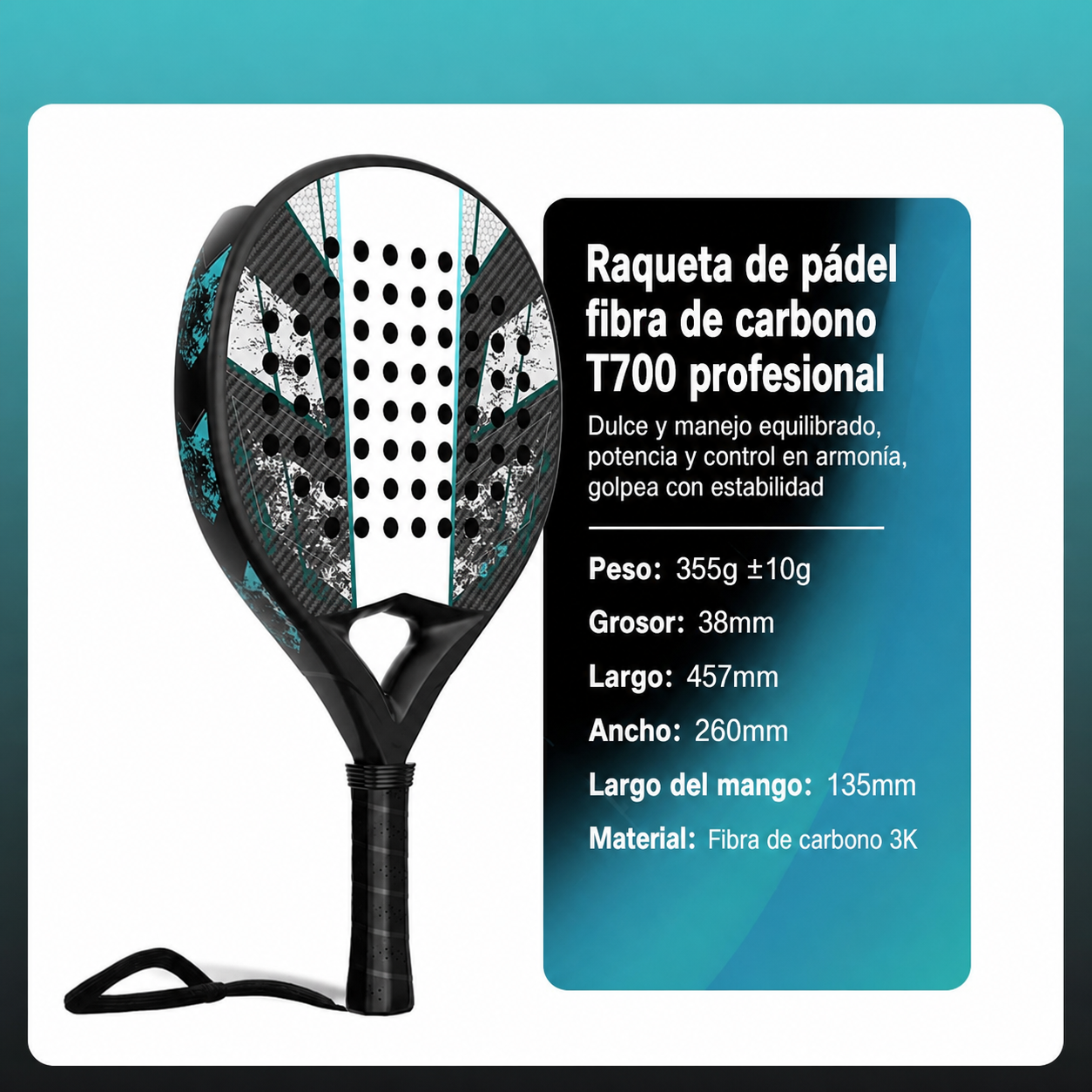 Raqueta de Pádel Fibra de Carbono T700 Profesional