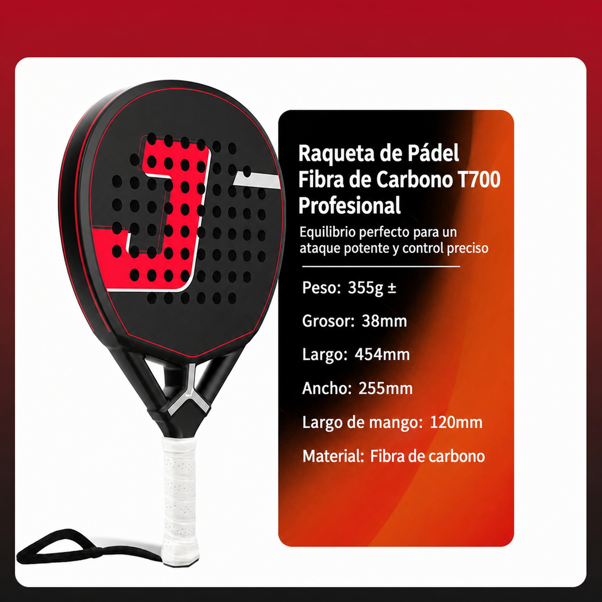 Raqueta de Pádel Fibra de Carbono T700 Profesional