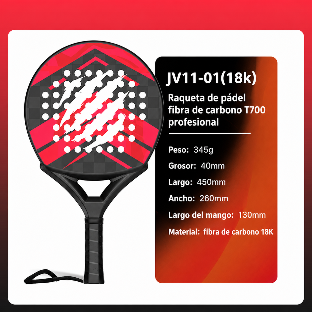 Raqueta de Pádel Fibra de Carbono T700 Profesional