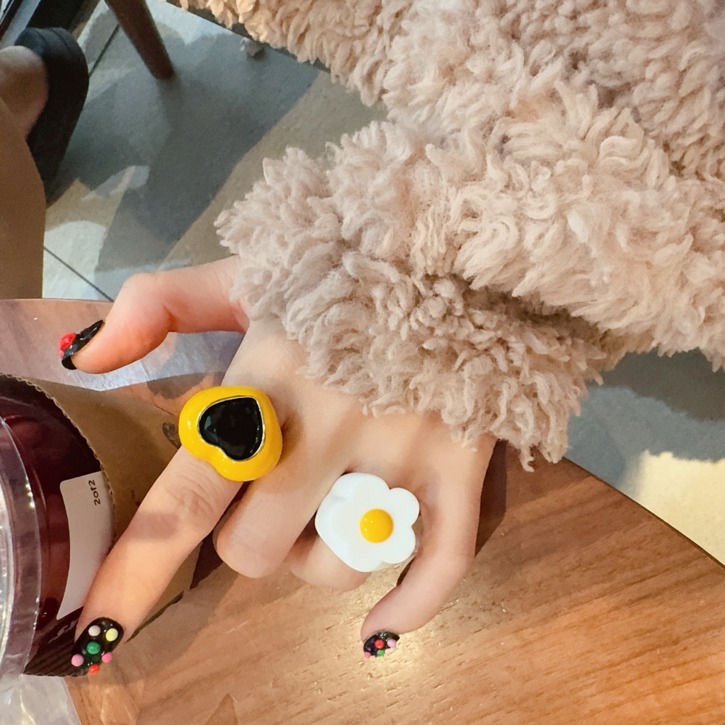 Anillo de acrílico con diseño de corazón y flor - 11