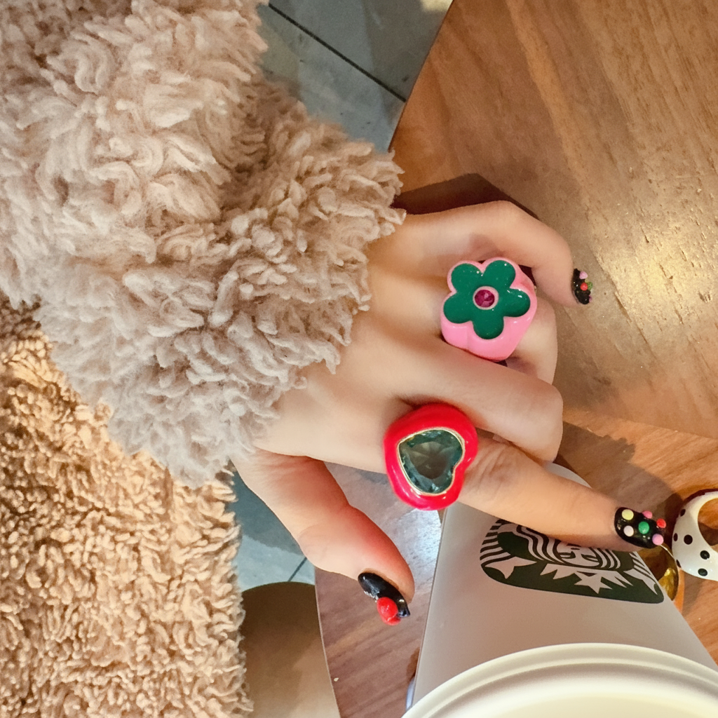 Anillo de acrílico con diseño de corazón y flor - 12