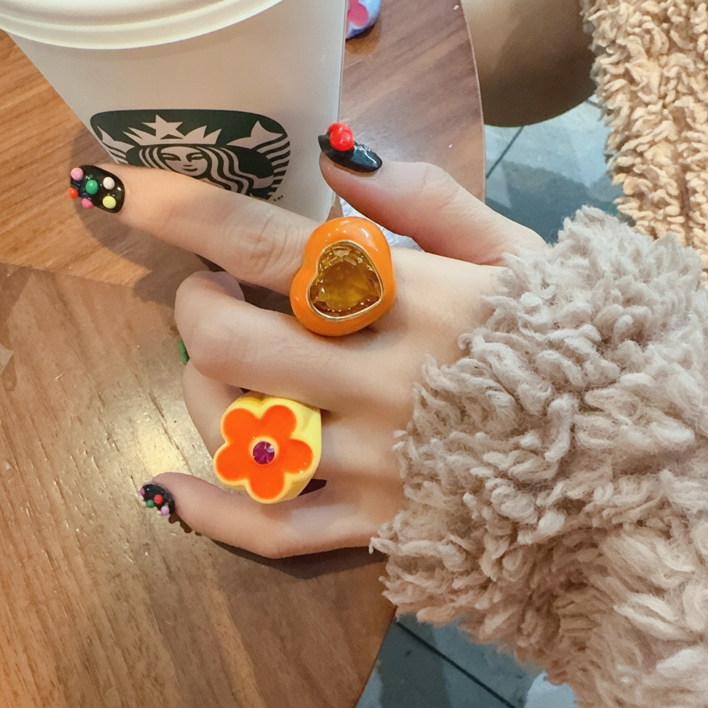 Anillo de acrílico con diseño de corazón y flor - 13