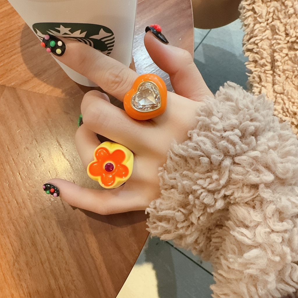 Anillo de acrílico con diseño de corazón y flor - 14