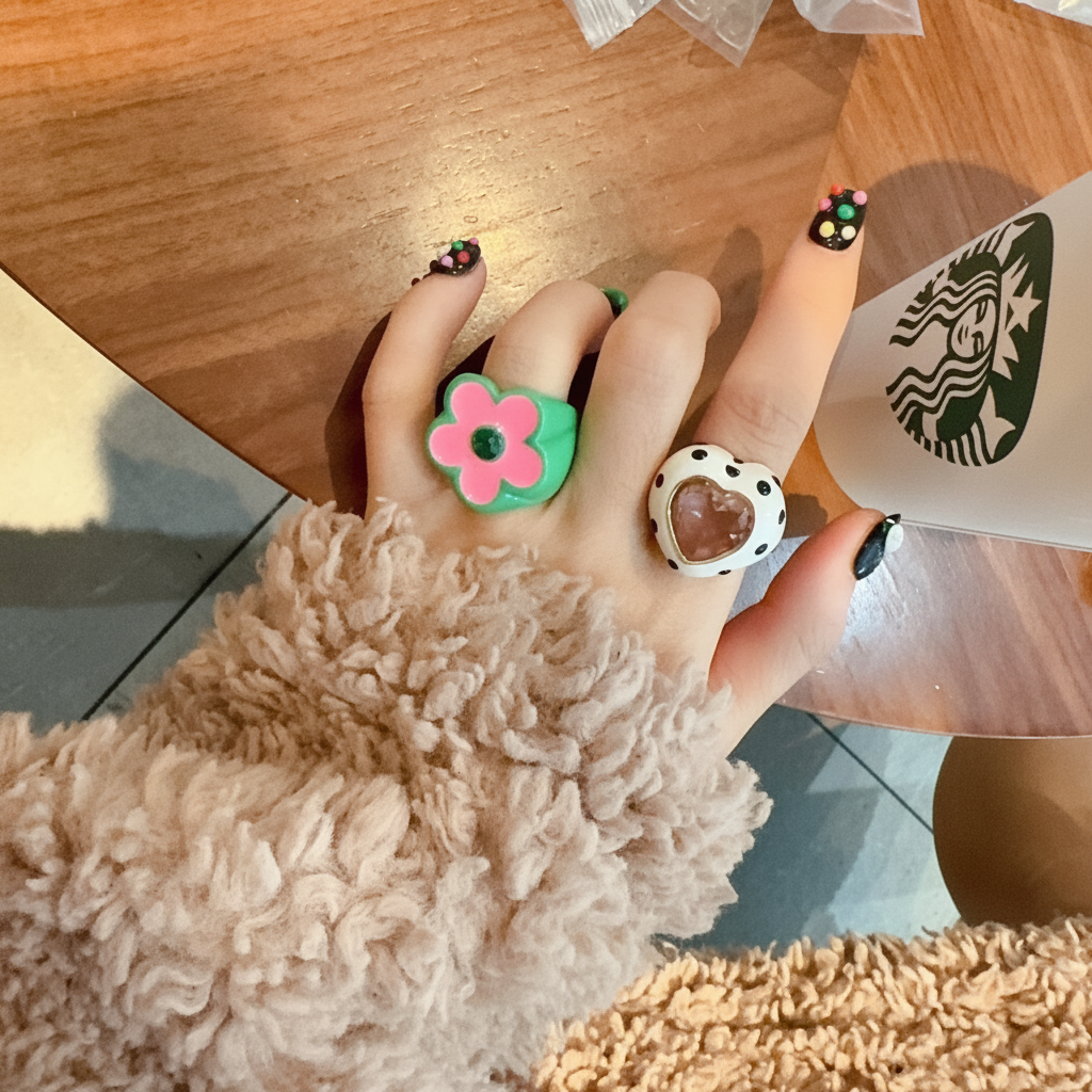 Anillo de acrílico con diseño de corazón y flor - 15