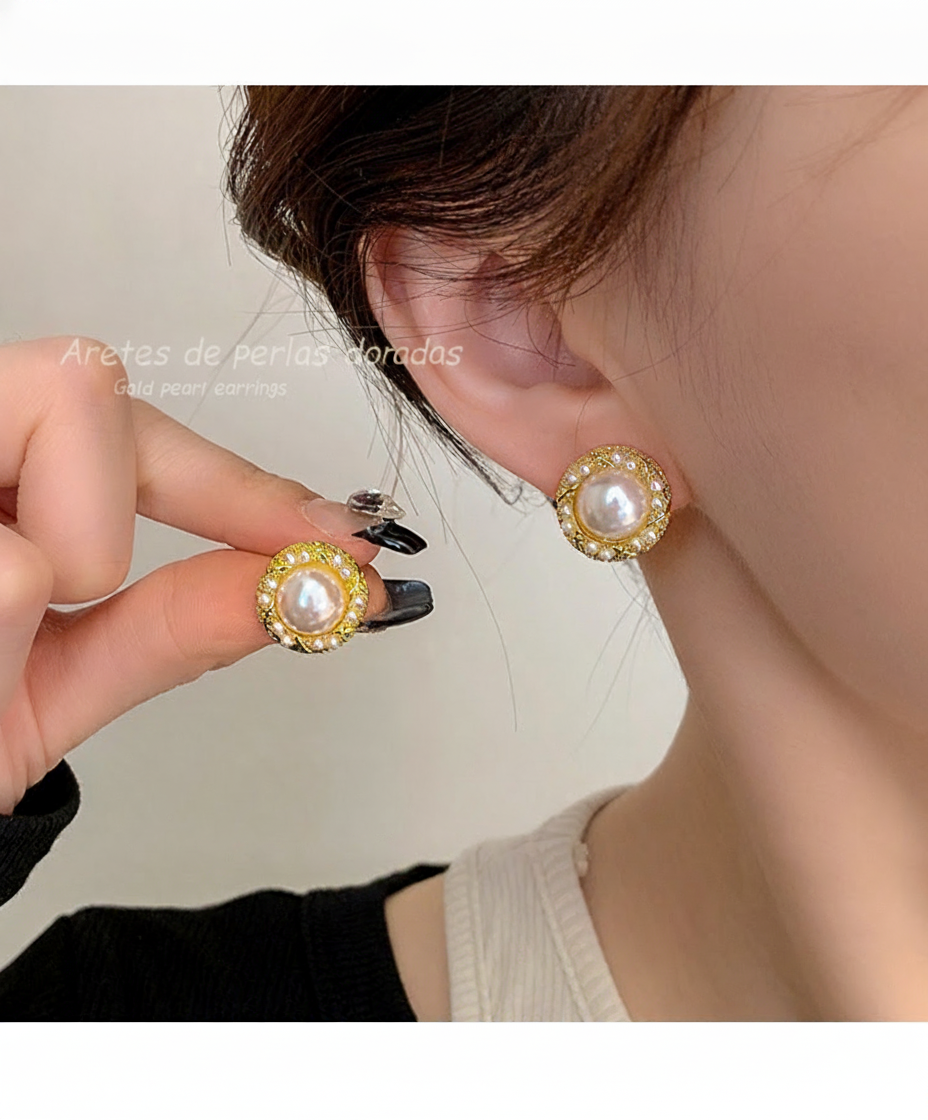 Aretes de Perla Sintética con Cristales Estilo Chic - 12
