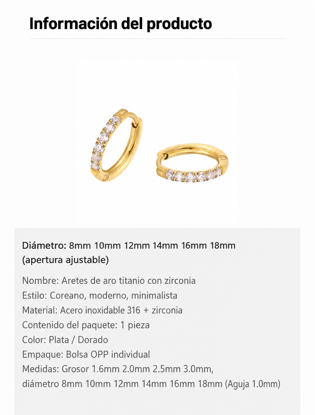 Aretes de aro titanio con zirconia plateado y dorado - 13