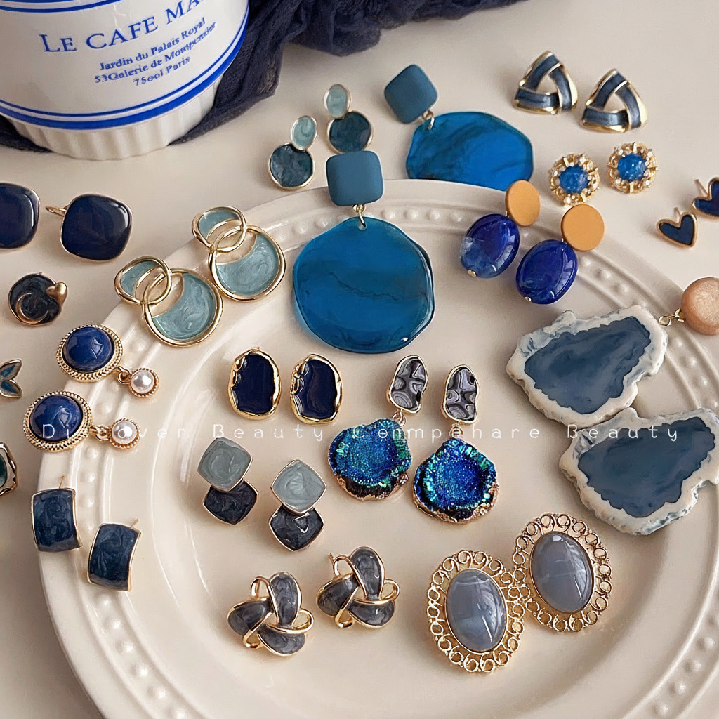Aretes de cobre con esmalte geométrico azul para mujer - 1