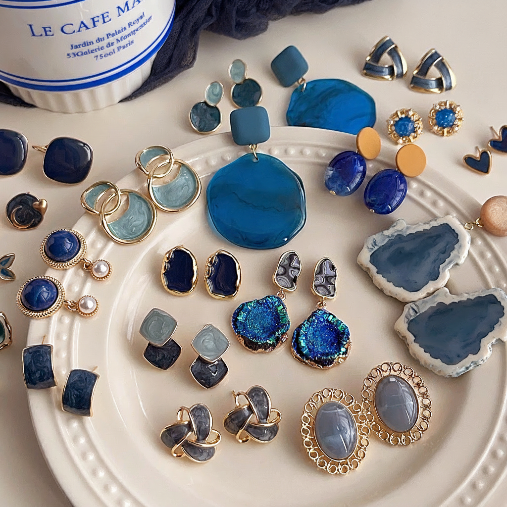 Aretes de cobre con esmalte geométrico azul para mujer - 11