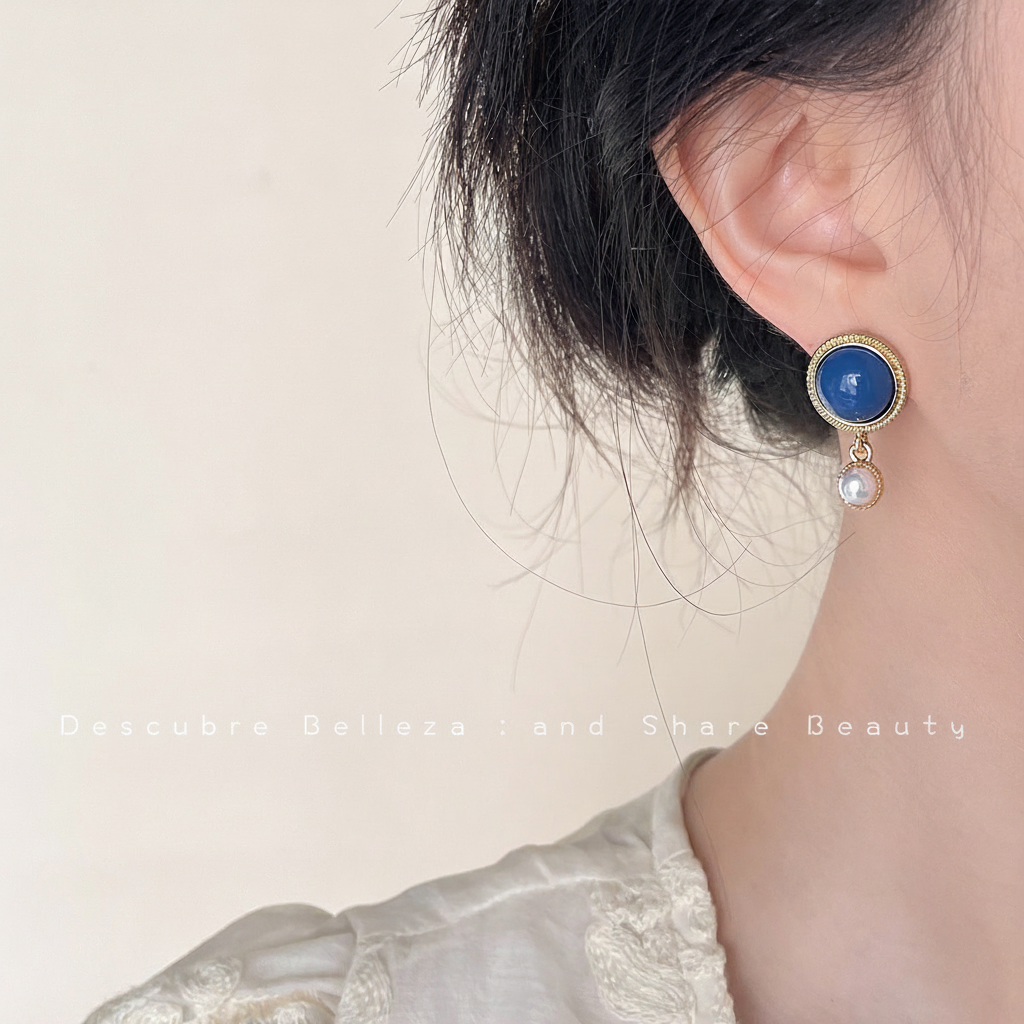 Aretes de cobre con esmalte geométrico azul para mujer - 12