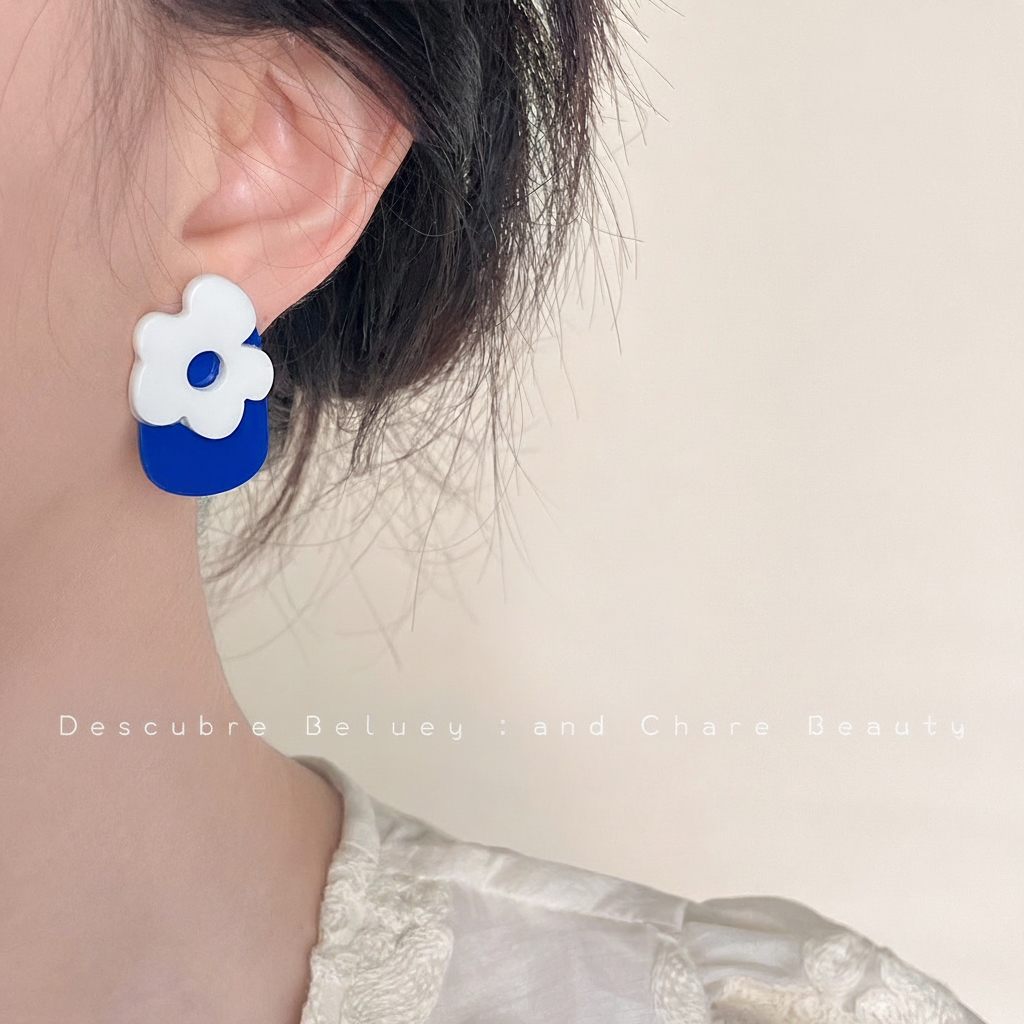 Aretes de cobre con esmalte geométrico azul para mujer - 3