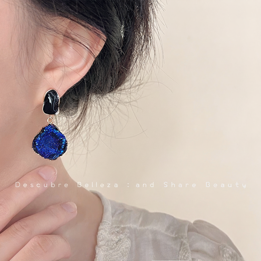 Aretes de cobre con esmalte geométrico azul para mujer - 4