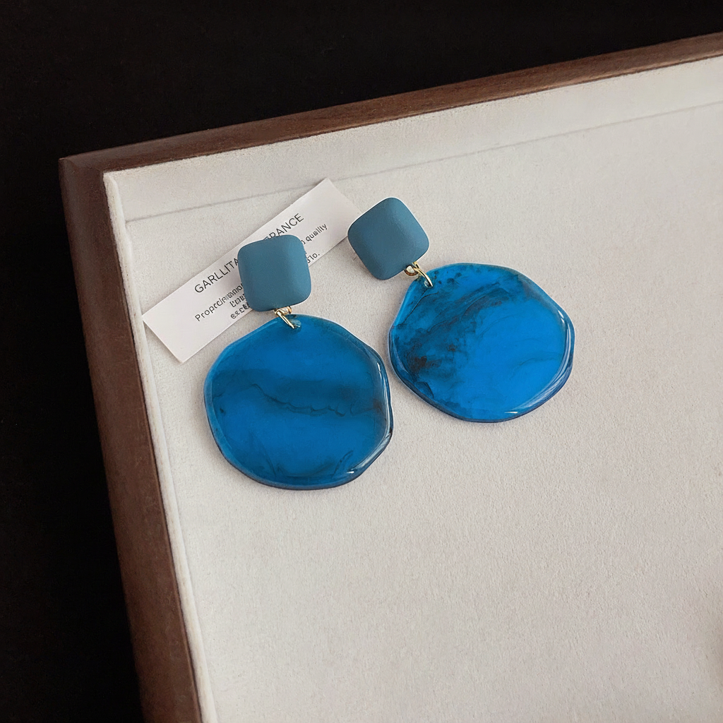 Aretes de cobre con esmalte geométrico azul para mujer - 6