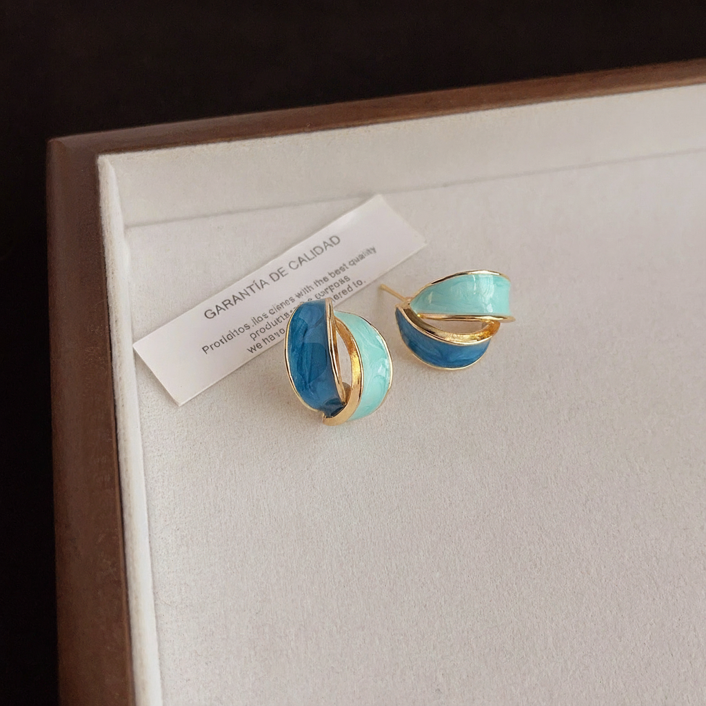 Aretes de cobre con esmalte geométrico azul para mujer - 8