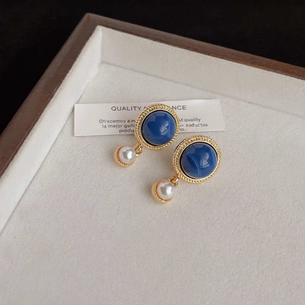 Aretes de cobre con esmalte geométrico azul para mujer - 10