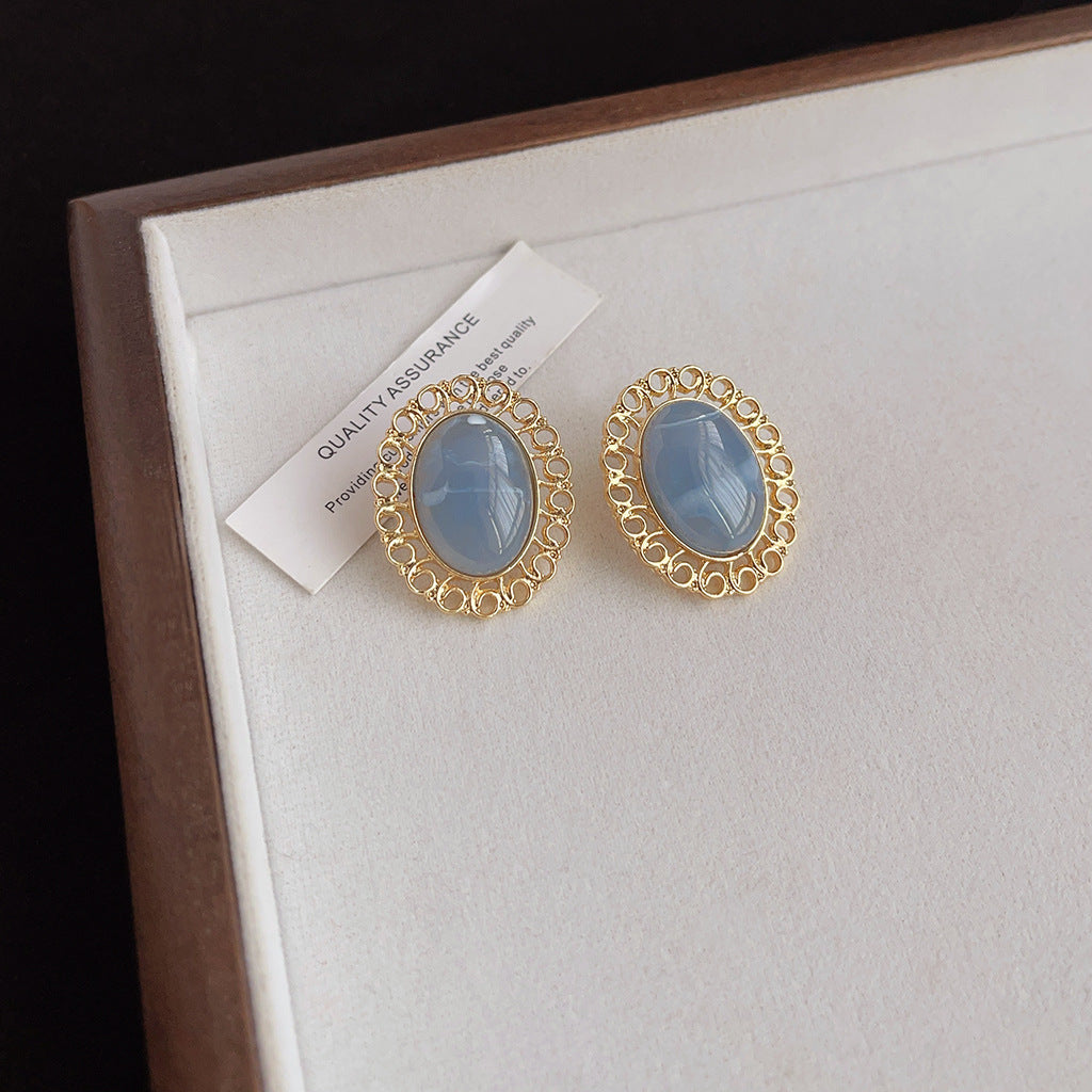 Aretes de cobre con esmalte geométrico azul para mujer