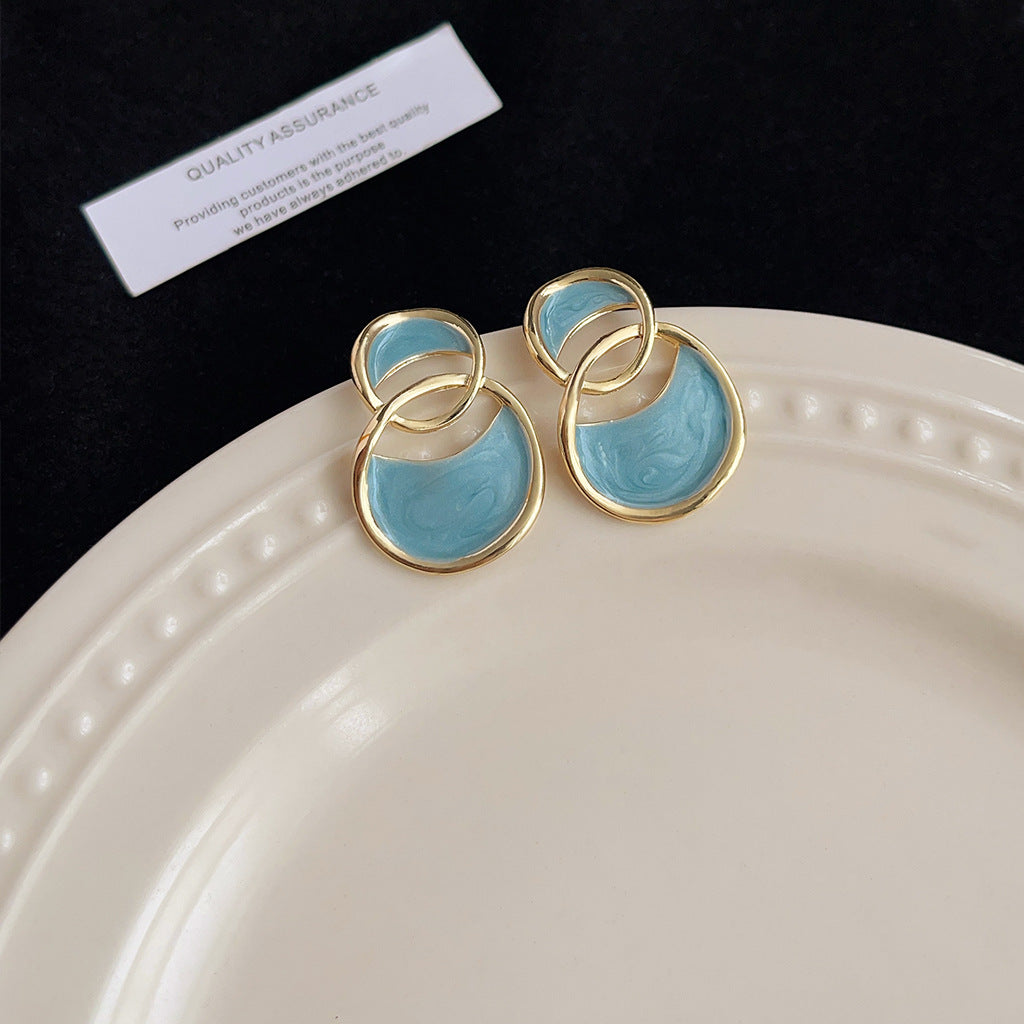 Aretes de cobre con esmalte geométrico azul para mujer
