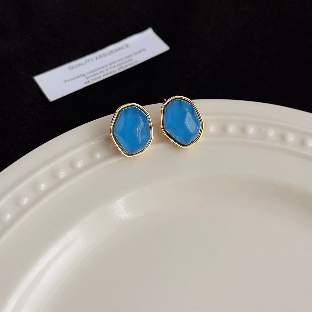 Aretes de cobre con esmalte geométrico azul para mujer