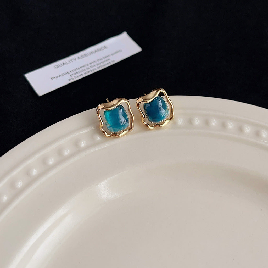 Aretes de cobre con esmalte geométrico azul para mujer
