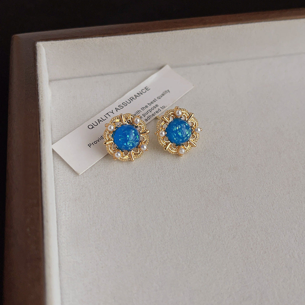 Aretes de cobre con esmalte geométrico azul para mujer