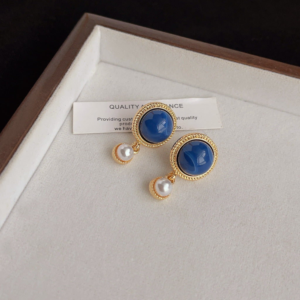 Aretes de cobre con esmalte geométrico azul para mujer