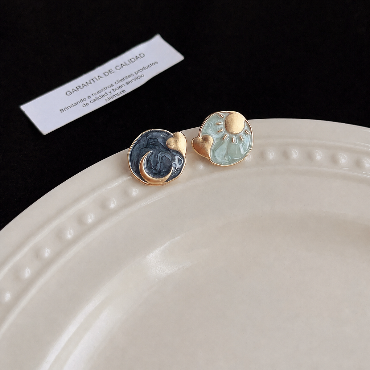 Aretes de cobre con esmalte geométrico azul para mujer