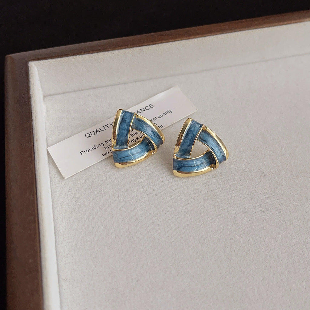 Aretes de cobre con esmalte geométrico azul para mujer