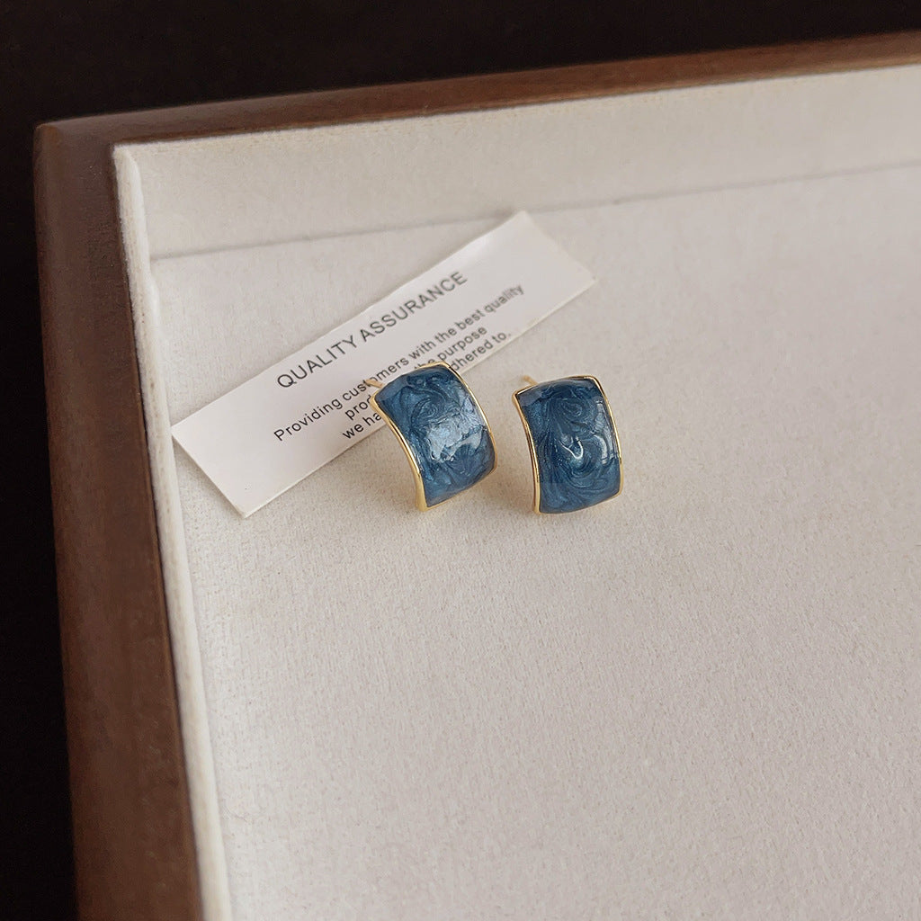 Aretes de cobre con esmalte geométrico azul para mujer