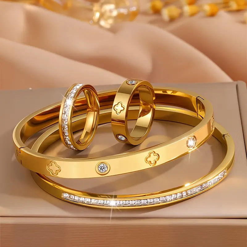 Set de 4 Piezas Pulseras y Anillos con Circones Dorado - 1