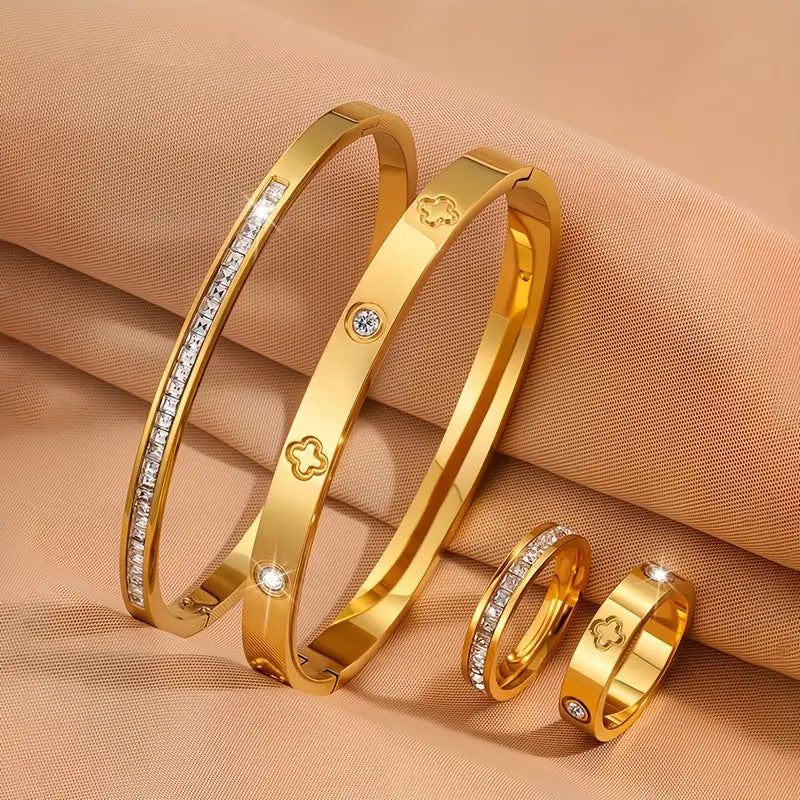 Set de 4 Piezas Pulseras y Anillos con Circones Dorado - 2