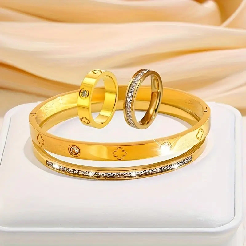 Set de 4 Piezas Pulseras y Anillos con Circones Dorado - 4