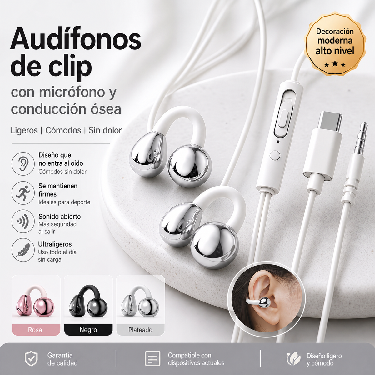 Audífonos de clip con micrófono y conducción ósea
