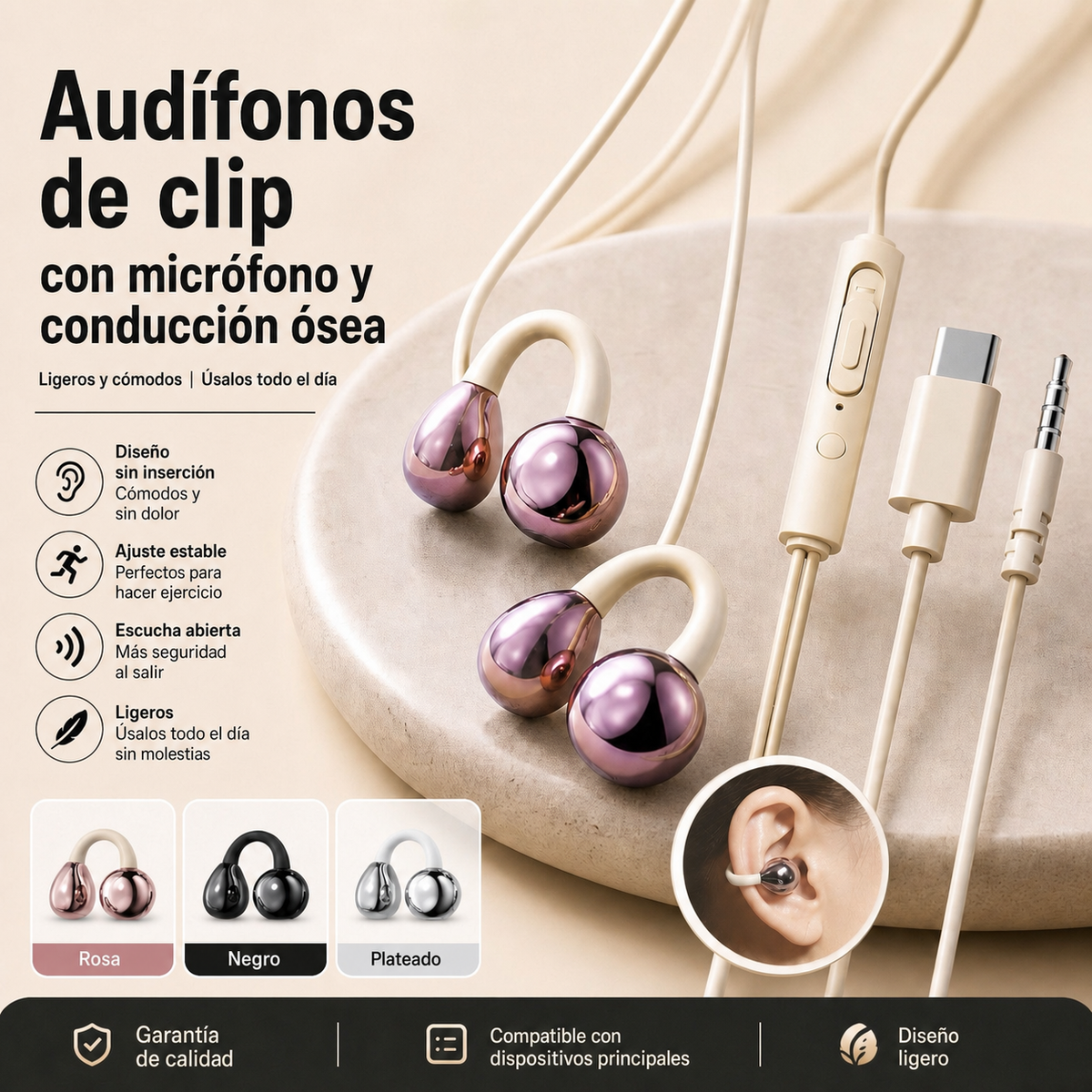 Audífonos de clip con micrófono y conducción ósea