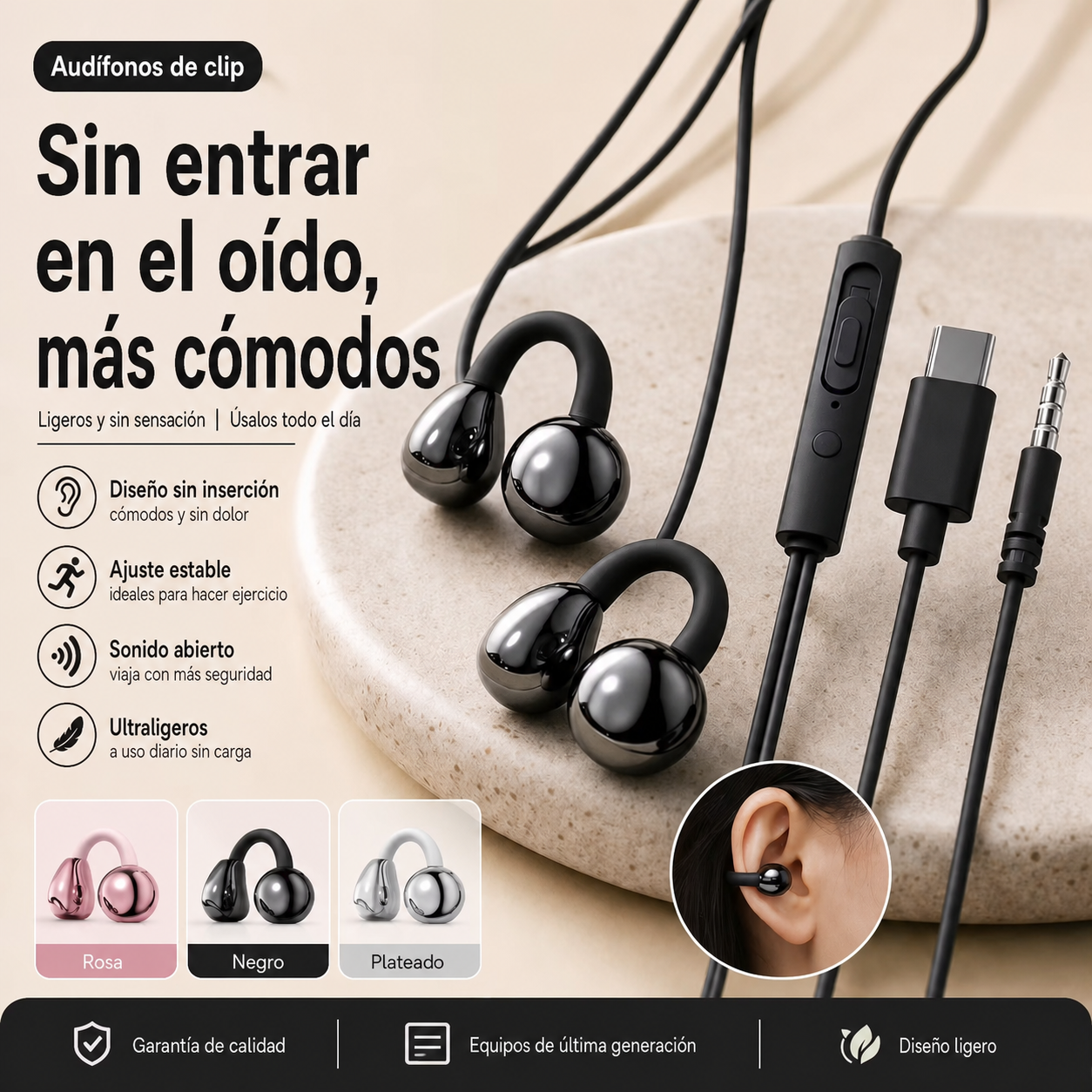 Audífonos de clip con micrófono y conducción ósea