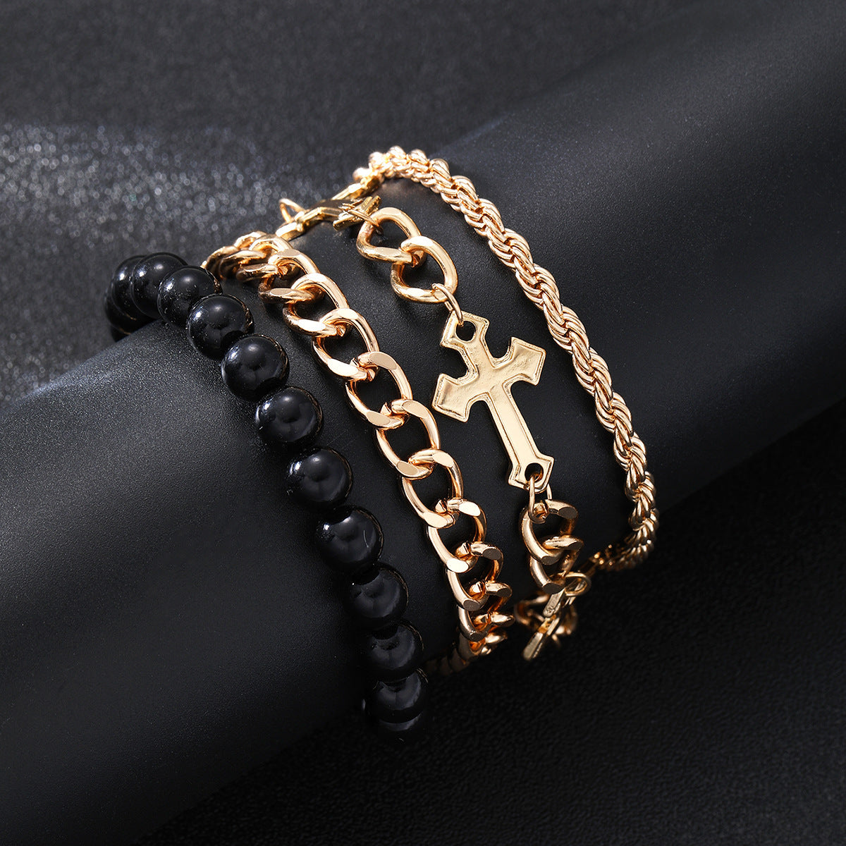 Set 4 Pulseras Hip Hop con Cruz y Cuentas Unisex - 2
